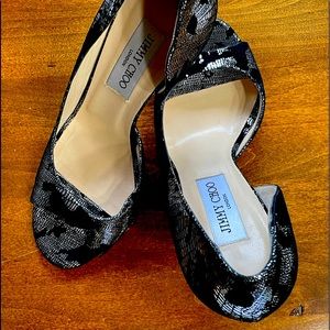 Like New Jimmy Choo Black and Silver Peep Toe